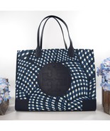 Tory Burch Ella Wavy Gingham Navy Nylon Natural Leather Large Tote Bag NWT - $398.00 CAD