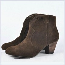 Genuine Brown Leather Suede Western Style Short Ankle Boot Slant Martin Heel