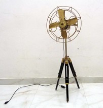 Vintage Style Brass Floor Fan With Wooden Adjustable Tripod Stand Modern... - $239.58