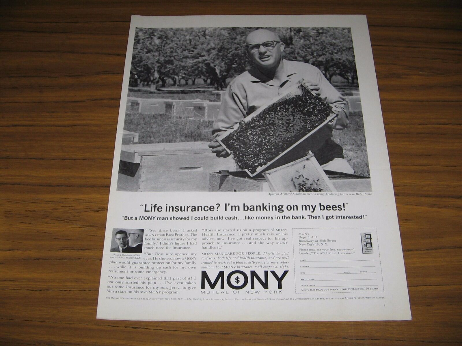 1963 Print Ad MONY Mutual of New York Life Insurance Bee Keeper & Bees - $9.88