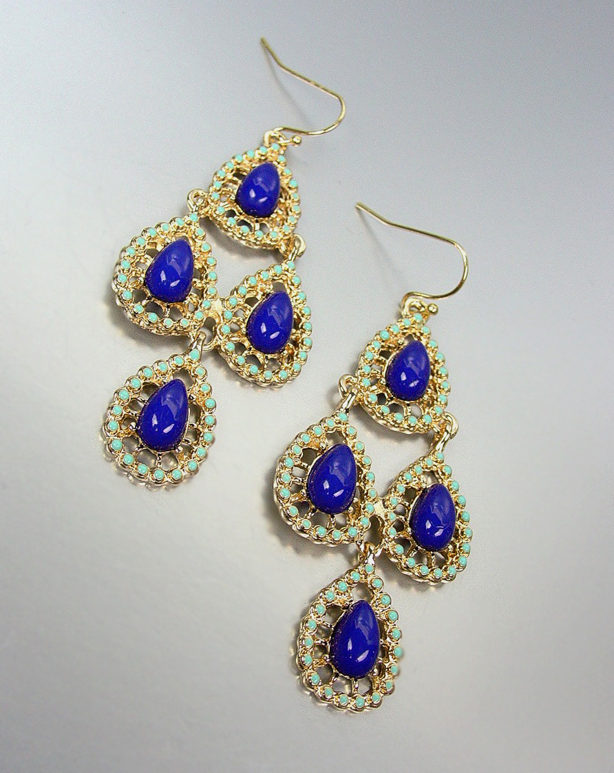 Urban Anthropologie Gold Turquoise Enamel Dark Blue Beads Chandelier Earrings - £15.94 GBP