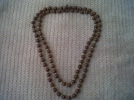 Wood Bead Necklace with Brass &amp; small wood dividers 47&quot;L hangs 24&quot; No Metal - $9.00