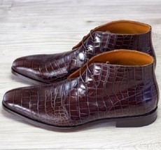 Handmade Men&#39;s Maroon Color Lace Up Crocodile Texture Ankle Dress Boots - £120.63 GBP