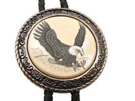 Barlow USA Bolo Tie Flying Eagle Pendant Black Leather Strap Brass Tips Vintage - £19.02 GBP