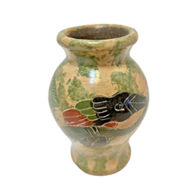Vintage Mexican Pottery  Handmade Floral Bird Bud Vase Hand Painted Etched 3.5&quot; - £11.72 GBP