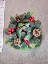 Vtg Christmas Holly Berry Pine Cones Candle Ring Plastic Wreath - £6.97 GBP