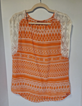 PrAna Tank Top Sz M Orange White Crochet Shoulders Tribal Print Lightweight - £6.07 GBP