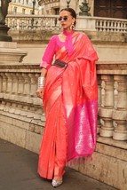 Orange Soft Silk Saree With Blouse Piece \\ Handloom Weaving \\ designer elegant - £73.10 GBP