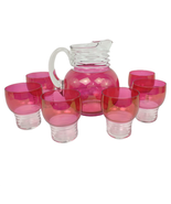 Vintage Mid-Century Cranberry Flash Glass Pitcher &amp; 6 Tumbler Cups Set C... - £47.01 GBP