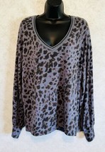 Democracy Ladies Pull Over Animal Print Tunic Top Blue Brown Vee Neck Size XL - £17.11 GBP