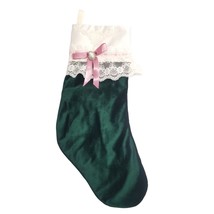 Vintage Christmas Stocking Emerald Green Velvet Lace Ribbon Victorian Romantic - £25.13 GBP