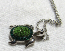 Silver Emerald Peridot GREEN Crystal Water Sea Turtle Pendant 18&quot; Chain Necklace - £11.09 GBP