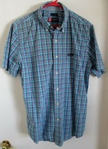 CHAPS Easy Care Turquoise Navy Plaid 100% Cotton SS Shirt Size Large  - £19.47 GBP