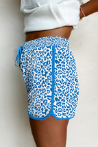 Blue Leopard Elastic Waistband Lace up Contrast Trim Casual Shorts - $211.65 MXN
