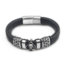 MingAo 12*6mm Braided Leather 316l Stainless Steel Charm Male Bracelets Spades H - £12.22 GBP