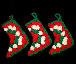Set of 3 Handcrafted Crocheted Christmas Boot Ornaments - £13.57 GBP