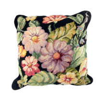 Floral Cross Stitch Pillow Handcrafted 16x16 inch Pink Purple Yellow on Black - £23.19 GBP
