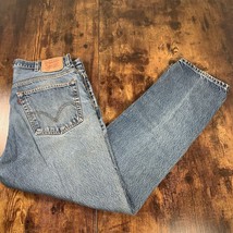 Levis Mens 505 Blue Denim Jeans Regular Fit Straight Leg Size 36x32 Dist... - $19.79