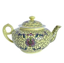 1972 Chinese Famille Juane Yellow Floral Enamel Jingdezhen Squat China Teapot - $450.00