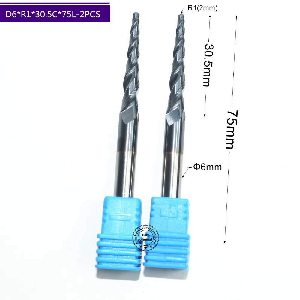 Free shipping-2PCS,R1.0*D6*30.5*75L,HRC55 Tungsten solid carbide TiALN Coated Ta - £234.13 GBP