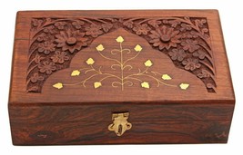 Handmade Wooden Storage Box Jewelry Holder Organizer Floral Hand Brass 8 inch - £21.40 GBP