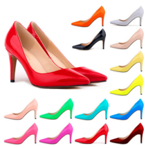 Classic Ladies Shiny PU Leather Pointed Toe Cone Heel Pumps Many Colors n Sizes
