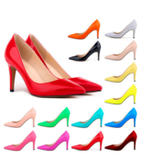 Classic Ladies Shiny PU Leather Pointed Toe Cone Heel Pumps Many Colors ... - £61.84 GBP