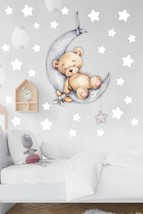 Cute Teddy Bear Sleeping On The Moon And White Stars Kids Baby Room Stic... - $315.71 MXN