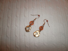 Dangle Earrings , Gold Tone , Cut out Cross . Orange Bead - $2.00