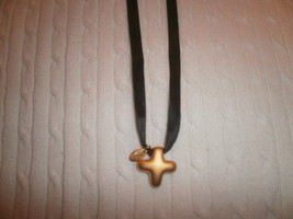 Gold Color Cross Necklace with Black Ribbon - $2.00