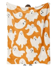 Halloween Orange Ghost Blanket Cute Soft Throw Plush Flannel Fleece Fall 39 x 59 - £27.05 GBP