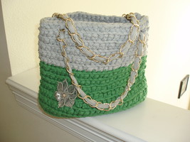 CLEARANCE! - Green and Gray hand crocheted purse/tote with gold handle and beade - £19.93 GBP