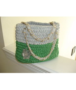 CLEARANCE! - Green and Gray hand crocheted purse/tote with gold handle a... - $25.00