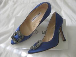 Sold    Authentic Manolo Blahnik Hangisi Royal Blue Satin 37 - £354.11 GBP