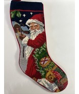 Vintage Santa Christmas Stocking Needlepoint Teddy Bear RedVelvet Backin... - £20.19 GBP