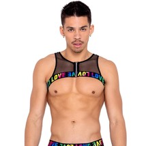 LOVE Print Fishnet Harness Zipper Rainbow Pride Elastic Strap Black 6160... - £29.73 GBP