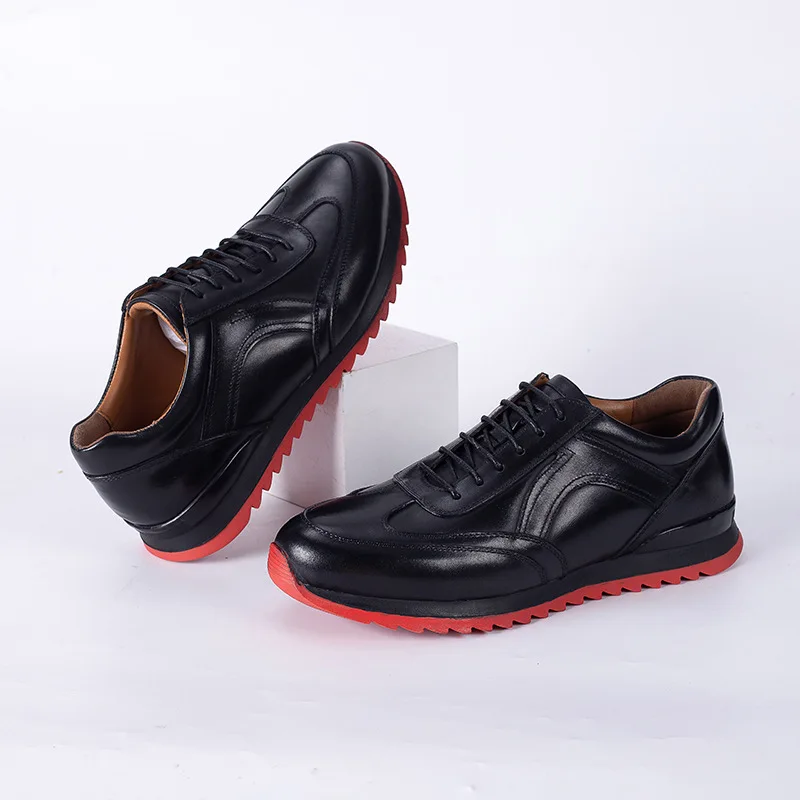 Quality Black Men&#39;s Tennis Sneaker Genuine Cow Leather Casual Shoes Natu... - $122.36