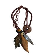 Boho Statement Necklace Wood Stone Leaf Pendant Multi Strand Brown Blue - $16.20