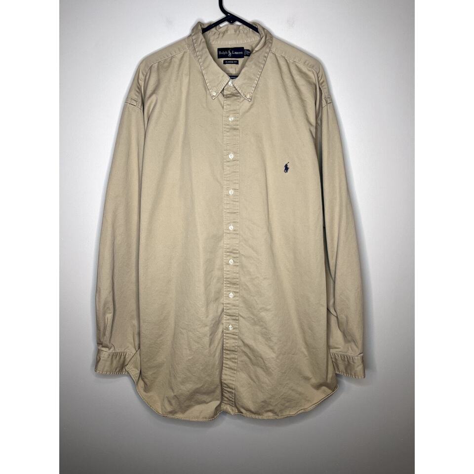 Vintage 2000s Ralph Lauren Khaki Tan Minimalist Twill Workwear Oxford Sh... - $32.00