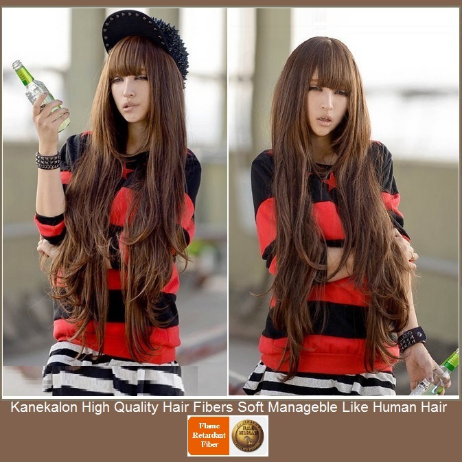   Brown Natural Color Wavy Layered Extra Long Length with Bangs Parted Cap Wig - $87.95