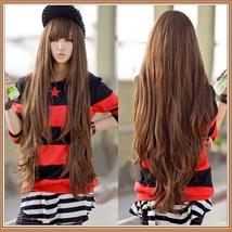   Brown Natural Color Wavy Layered Extra Long Length with Bangs Parted Cap Wig image 2