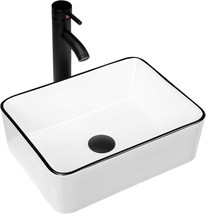 Kswin Ceramic Rectangular Bathroom Vessel Sink, White Body With Black Trim On - £89.50 GBP