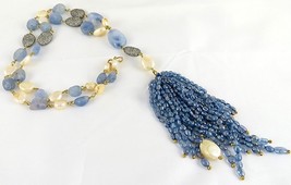 Natural Blue Sapphire Beads Carved Pearl Stone Diamond 14KGOLD Fashion Necklace - £9,091.60 GBP