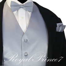 Silver Gray Tuxedo Suit Vest Waistcoat and STRAIGHT CUT Bowtie Hanky Set Wedding - £17.71 GBP+