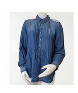 Boho Denim Patchwork Shirt Womens L Distressed Blue Applique Long Sleeve... - $441.19 MXN