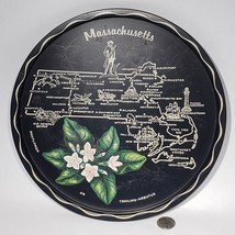 VTG Massachusetts Souvenir Map Black Round Metal Tray Plate 11&#39;&#39; Patriot - £10.32 GBP