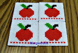 Apple Coasters, Plastic Canvas, Handmade, Cross Stitch, Square, Teacher ... - $15.00