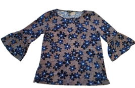 Ellen Tracy Shirt Womens Medium Blue Floral Bell Sleeve Tunic Polyester Blend - £14.70 GBP