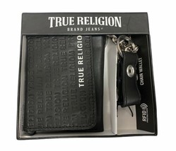 NIB $50 TRUE RELIGION Men&#39;s Wallet BLACK CHAIN GENUINE Leather Trifold - $29.99