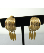 Monet Clip On Earrings Luxury Gold Tone Textured Dangles Fringe Half Hoo... - $17.81